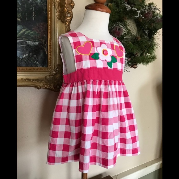 🩷 Pink Sleeveless Pinafore Gingham Flower Dress 2T - Picture 5 of 9